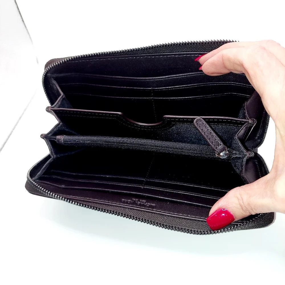 Michael Kors Black Brown Logo Canvas Zip Around Wallet VGC!